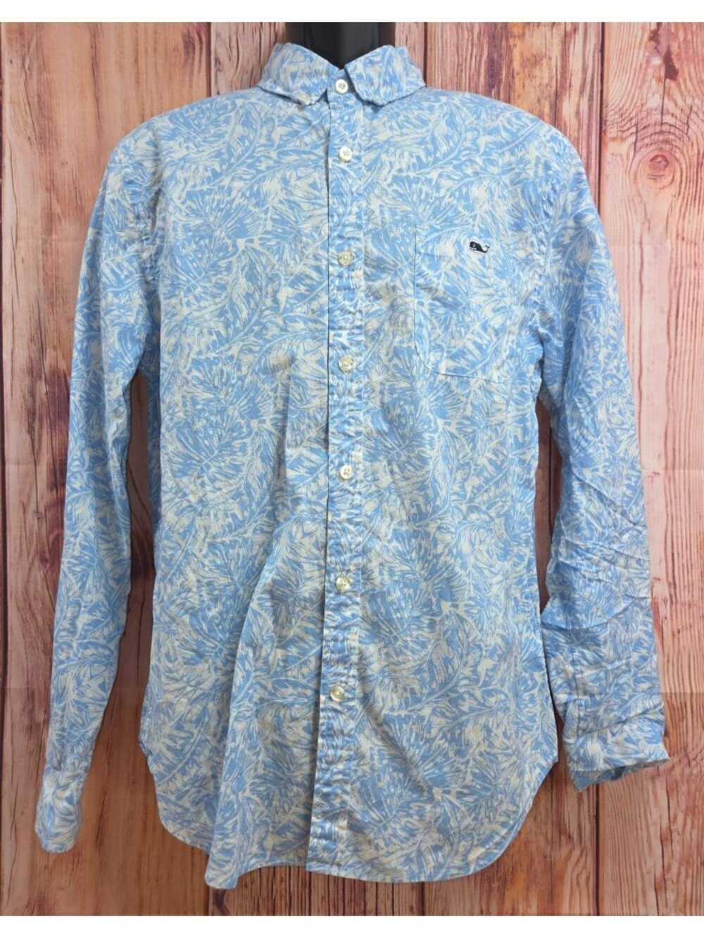 Vineyard Vines Mens Blue Slim Fit Tucker Shirt Medium Palm Print Long Sleeve